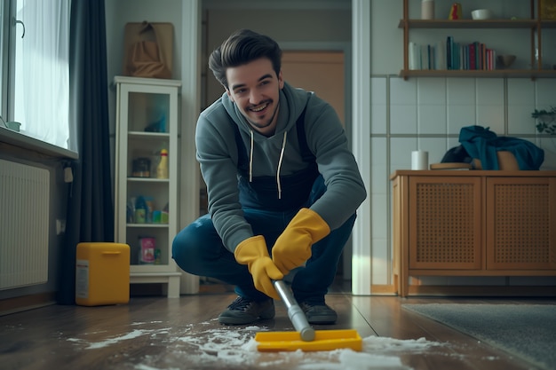 Retrato de un hombre haciendo tareas domésticas y participando en la limpieza del hogar