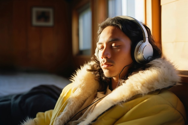 Retrato de un hombre indígena con auriculares