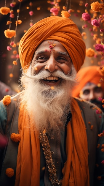 Retrato de un hombre indio celebrando el festival de Baisakhi