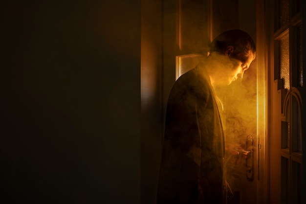 Retrato de hombre junto a la puerta en la niebla.