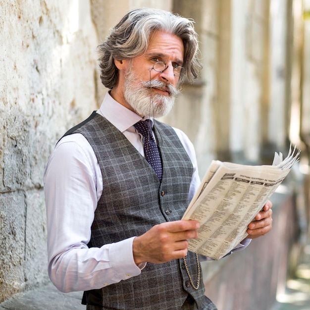 Retrato de hombre maduro guapo leyendo el periódico