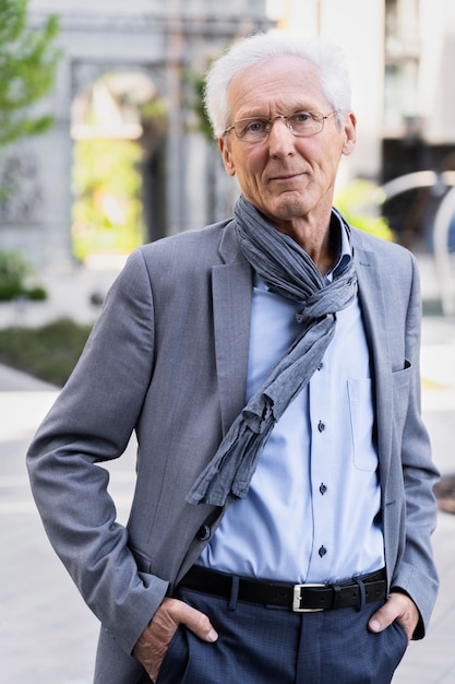 Foto gratuita retrato de hombre mayor casual en la ciudad