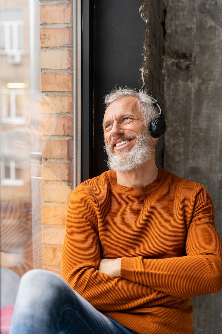 Foto gratuito retrato de hombre mayor escuchando música de cerca