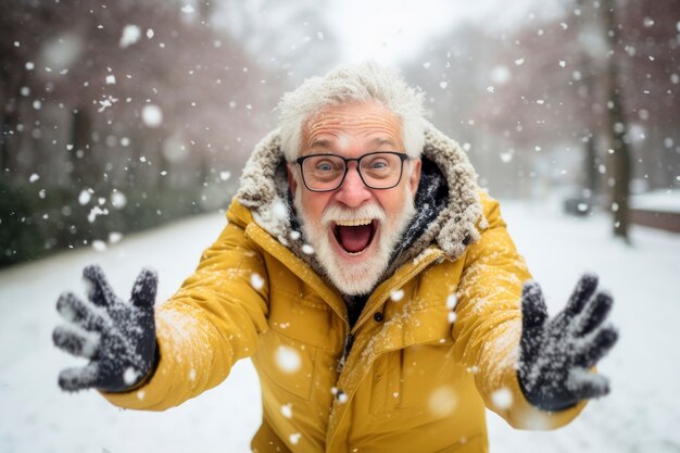 Retrato de un hombre mayor sonriente en invierno mientras nieva