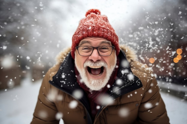 Retrato de un hombre mayor sonriente en invierno mientras nieva