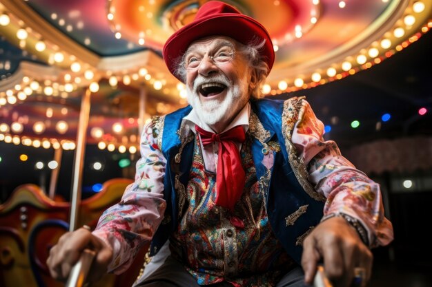 Retrato de un hombre mayor sonriente en el parque de atracciones