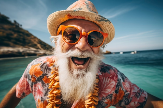 Retrato de un hombre mayor sonriente en la playa