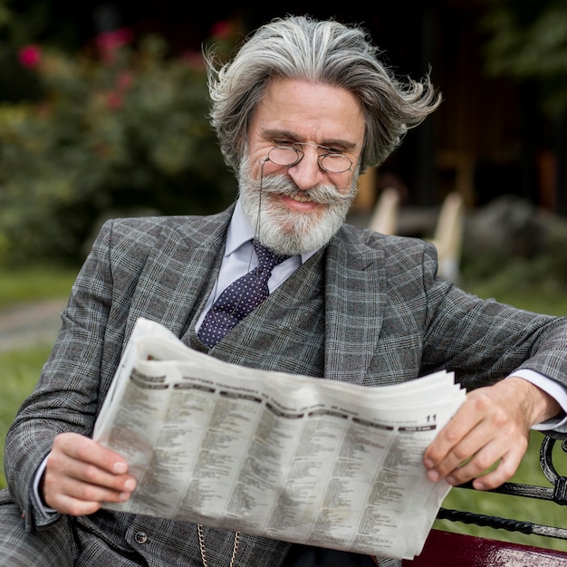 Foto gratuita retrato de hombre moderno leyendo el periódico