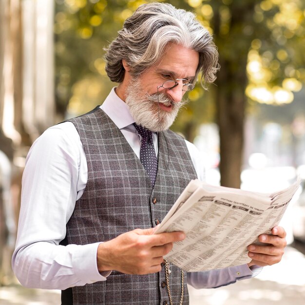 Retrato de hombre moderno leyendo el periódico