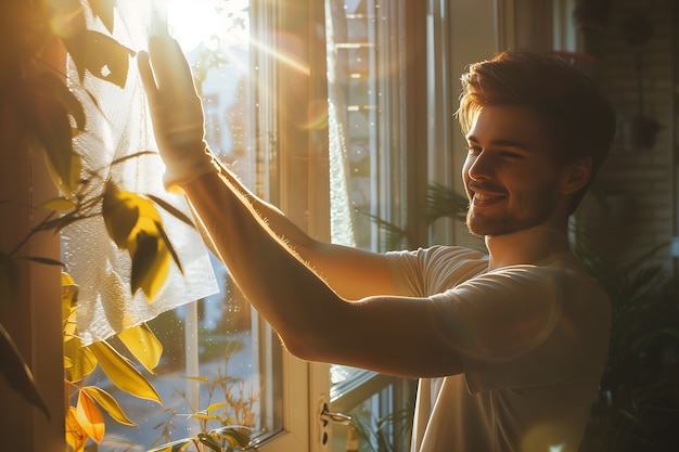 Foto gratuita retrato de un hombre moderno limpiando y haciendo tareas domésticas