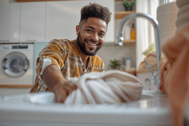 Foto gratuita retrato de un hombre moderno realizando tareas domésticas en una atmósfera suave y soñadora