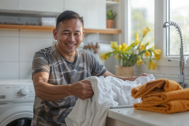 Retrato de un hombre moderno realizando tareas domésticas en una atmósfera suave y soñadora