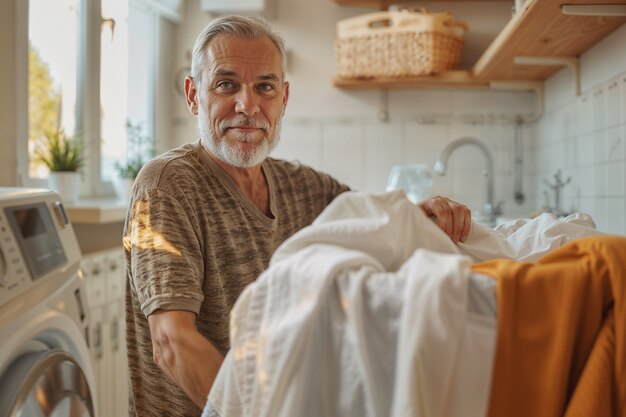 Retrato de un hombre moderno realizando tareas domésticas en una atmósfera suave y soñadora