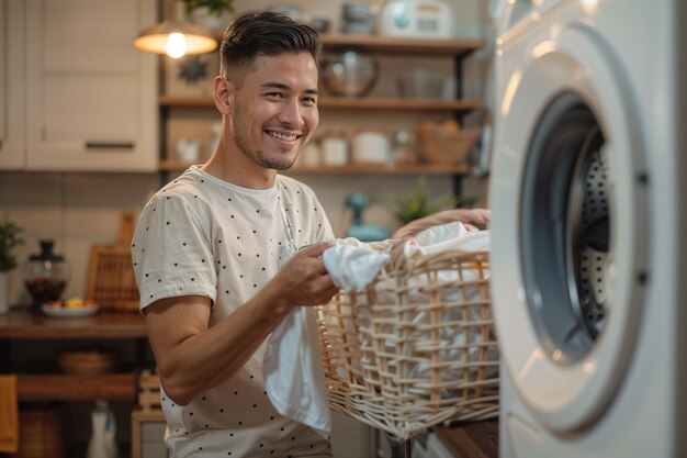 Retrato de un hombre moderno realizando tareas domésticas en una atmósfera suave y soñadora