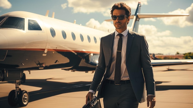 Foto gratuita retrato de un hombre de negocios caminando de un avión de negocios a un coche volando en un avión a negocios