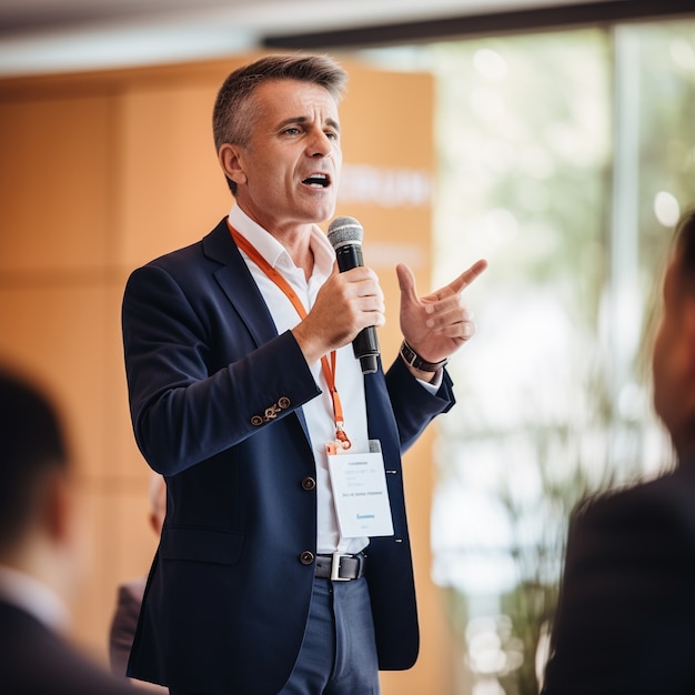 Retrato de un hombre de negocios elegante y profesional hablando en una conferencia