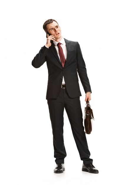 Retrato de hombre de negocios con maletín en blanco