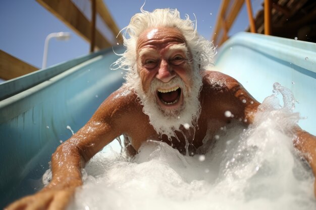 Retrato del hombre riendo senior en el tobogán de agua