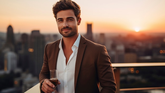 Retrato del hombre sonriendo en la cima del edificio