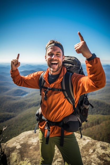 Retrato del hombre sonriendo en la cima de la montaña