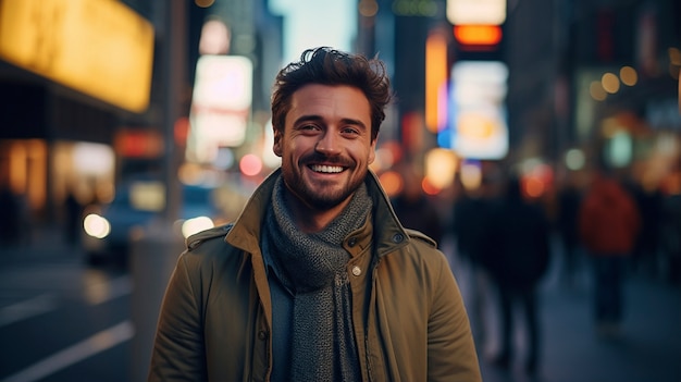 Retrato del hombre sonriendo en la ciudad