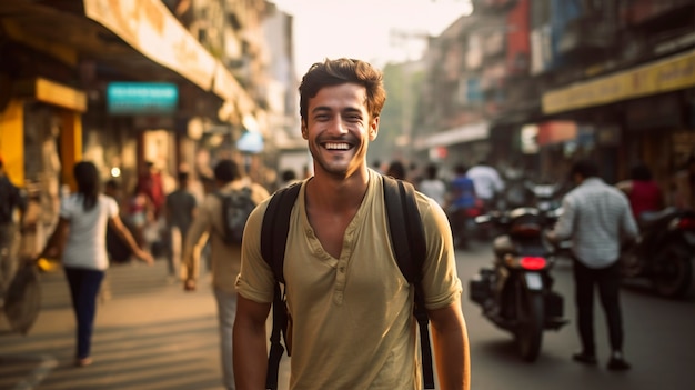 Retrato del hombre sonriendo en la ciudad