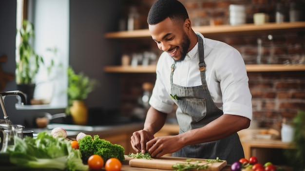 Retrato del hombre sonriendo en la cocina