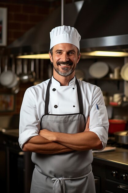 Retrato del hombre sonriendo en la cocina
