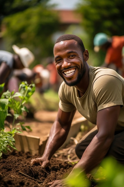 Retrato del hombre sonriendo en el jardín