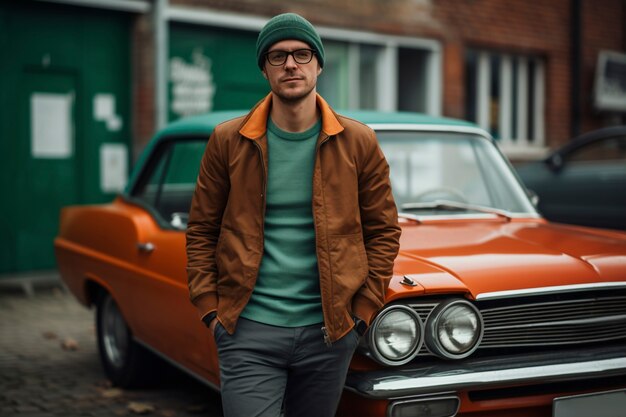 Retrato de hombre sonriendo junto a un coche antiguo