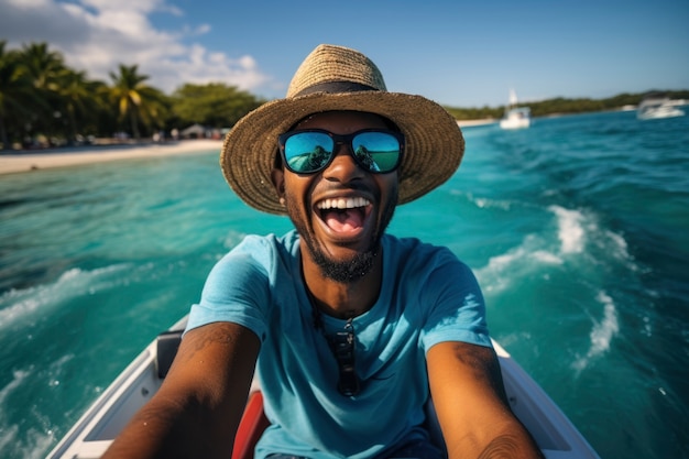 Retrato de hombre sonriente en un barco