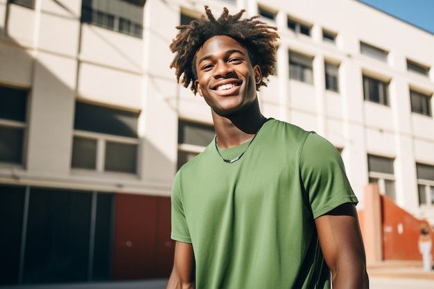 Retrato de un hombre sonriente en el campo de baloncesto