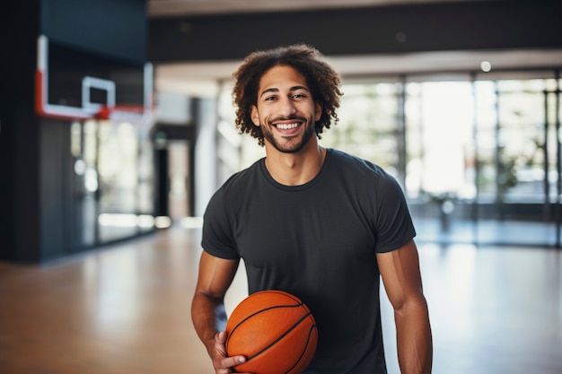 Retrato de un hombre sonriente en el campo de baloncesto