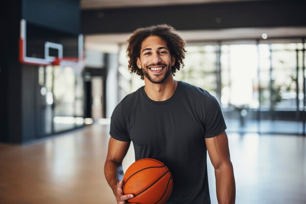 Retrato de un hombre sonriente en el campo de baloncesto