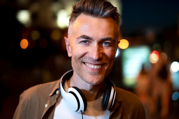 Retrato de hombre sonriente en la ciudad por la noche con auriculares