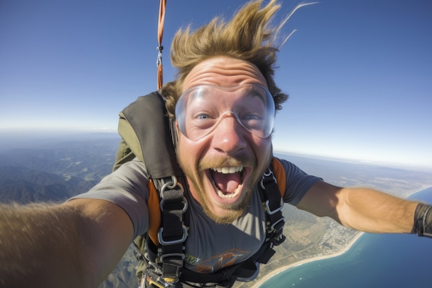 Foto gratuita retrato de hombre sonriente con paracaídas