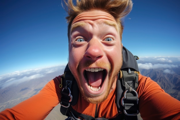 Foto gratuita retrato de hombre sonriente con paracaídas