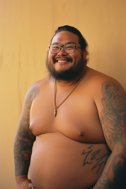 Retrato de hombre con tatuajes en el cuerpo.