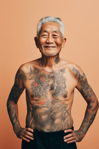 Retrato de hombre con tatuajes en el cuerpo.