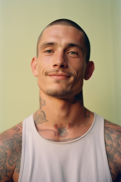 Retrato de hombre con tatuajes en el cuerpo.