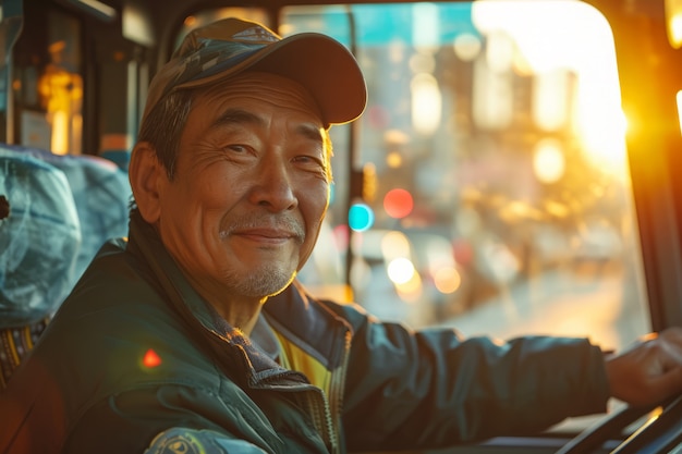 Foto gratuita retrato de un hombre trabajando como conductor de autobús