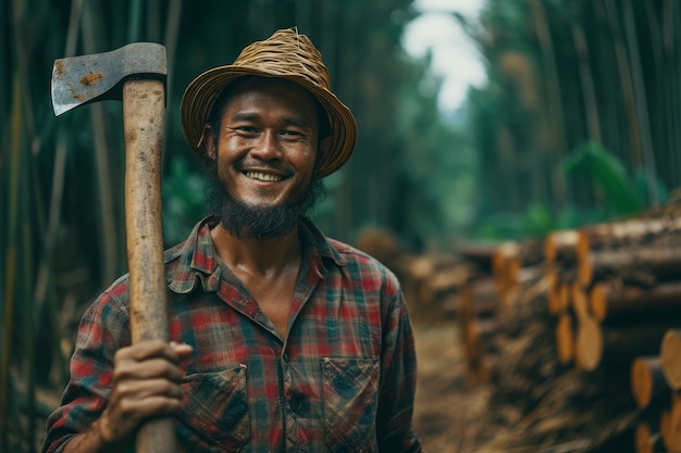 Retrato de un hombre trabajando como leñador