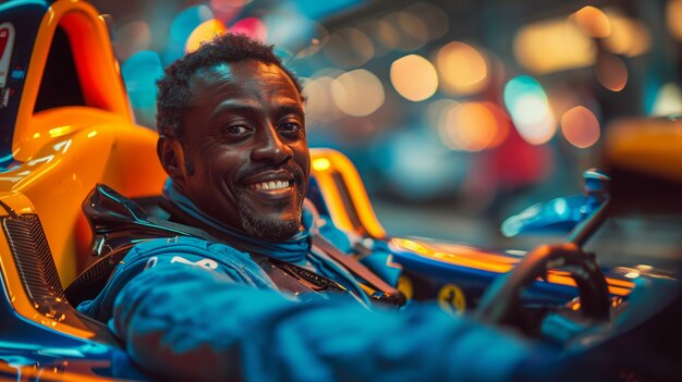 Retrato de un hombre trabajando como piloto de carreras