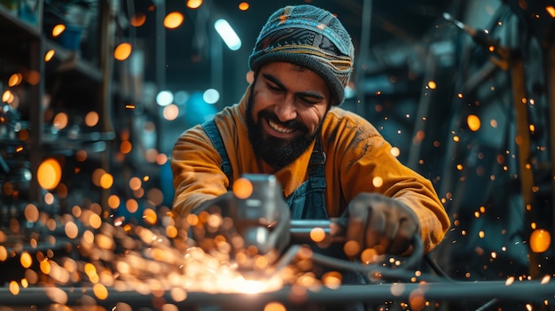 Retrato de un hombre trabajando como soldador