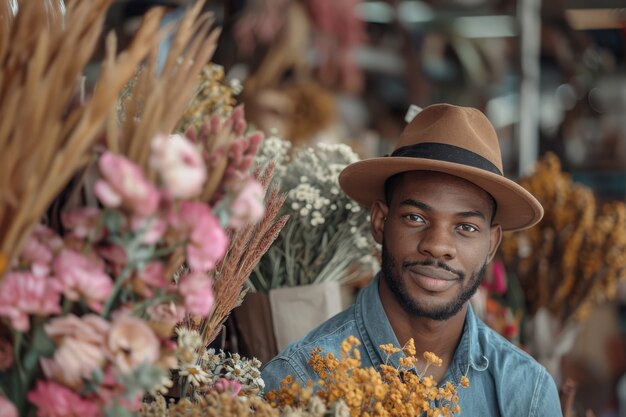 Retrato de un hombre trabajando en una tienda de flores secas