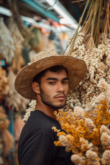 Foto gratuita retrato de un hombre trabajando en una tienda de flores secas