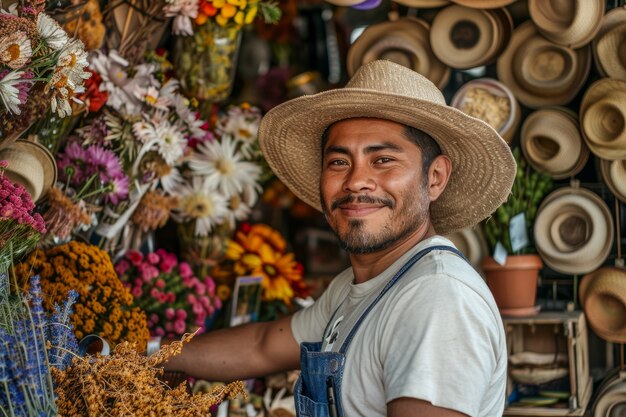 Retrato de un hombre trabajando en una tienda de flores secas