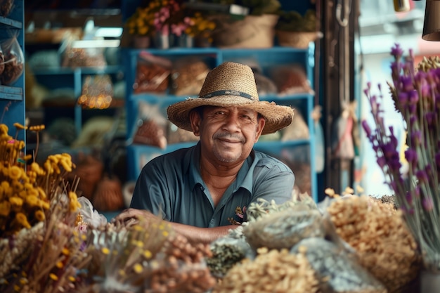 Foto gratuita retrato de un hombre trabajando en una tienda de flores secas