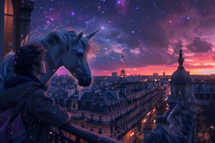 Foto gratuito retrato de un hombre con un unicornio de fantasía animal y atmósfera cinematográfica