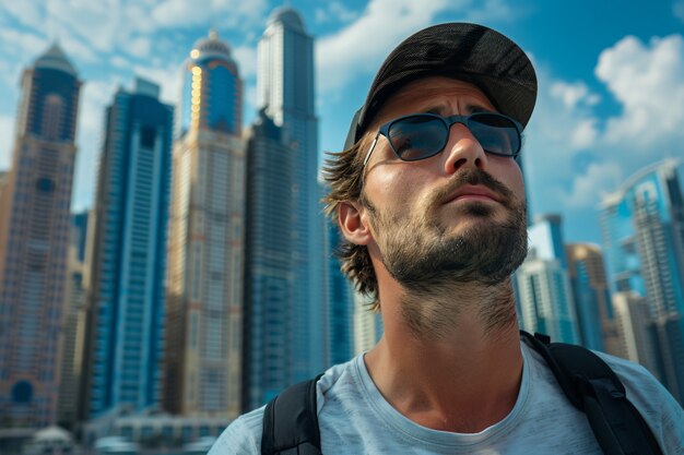 Retrato de un hombre visitando la lujosa ciudad de Dubái